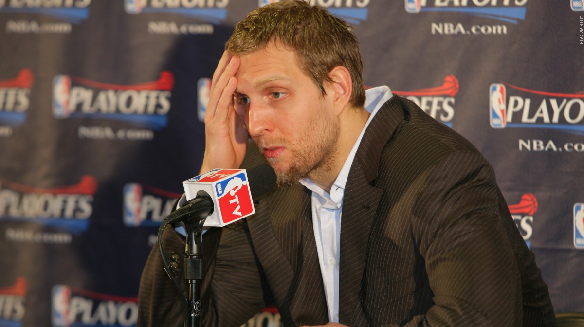 OAKLAND, CA - APRIL 29: Dirk Nowitzki #41 of the Dallas Mavericks answers questions during the press conference after the loss against the Golden State Warriors in Game Four of the 2007 NBA Playoffs on April 29, 2007 at Oracle Arena in Oakland, California. NOTE TO USER: User expressly acknowledges and agrees that, by downloading and or using this photograph, user is consenting to the terms and conditions of Getty Images License Agreement. Mandatory Copyright Notice: Copyright 2007 NBAE (Photo by Rocky Widner/NBAE via Getty Images)